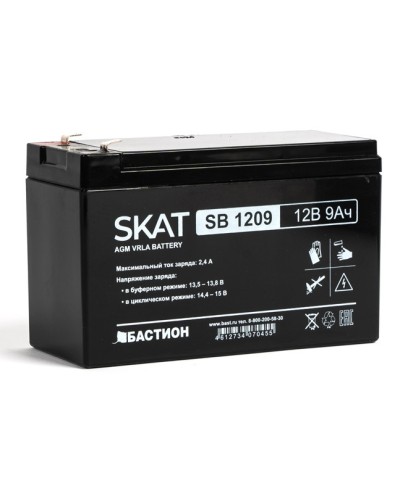 Бастион SKAT SB 1209 АКБ свинцово-кислотная тип AGM 12V 9Ач Iзар. 2,7 А, ножевые клеммы в Ногинске Электротехническое оборудование Pintop.ru