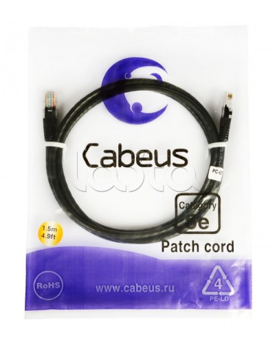 Патч-корд 2xRJ-45/8P8C U/UTP кат.5е (2 м) Cabeus PC-UTP-RJ45-CAT.5E-2M-BK в Ногинске Патчкорды (медные) Pintop.ru