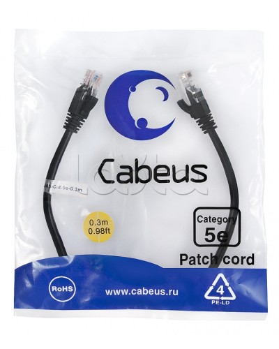 Патч-корд медный U/UTP кат.5е (0,3м) LSZH (черный) Cabeus (PC-UTP-RJ45-Cat.5e-0.3m-BK-LSZH) в Ногинске Патчкорды (медные) Pintop.ru
