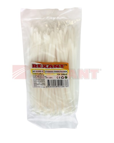 Хомут-стяжка нейлоновый 5х200 мм белый (100шт/уп) REXANT 07-0200-5 в Ногинске Стяжки-хомуты Pintop.ru